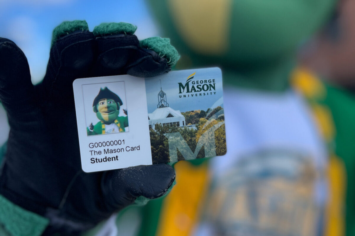 Patriot Mascot holds a Mason ID